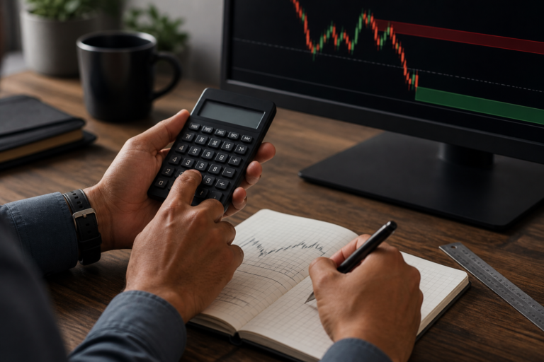 Trader calculating position risk beside a journal and market chart.