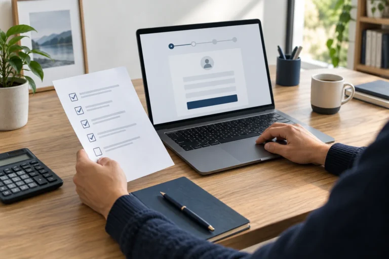 First-time investor reviewing a brokerage account checklist beside a laptop and calculator.