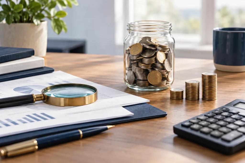 Investment fee comparison represented by coins, a magnifying glass, documents, and a calculator.