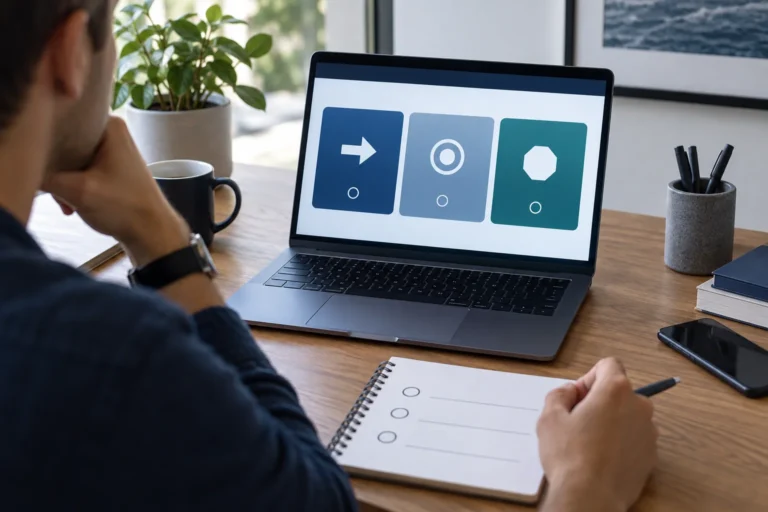 Investor comparing three abstract order choices on a laptop at a calm home desk.