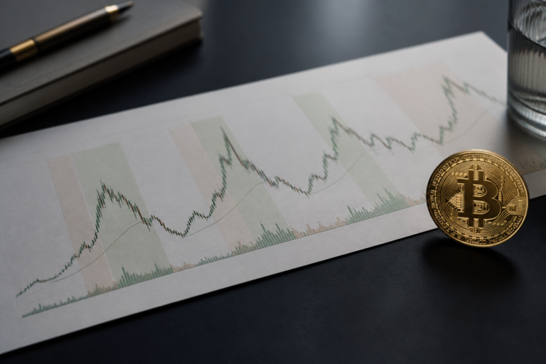 Bitcoin token beside a long chart of uneven market expansions and contractions.