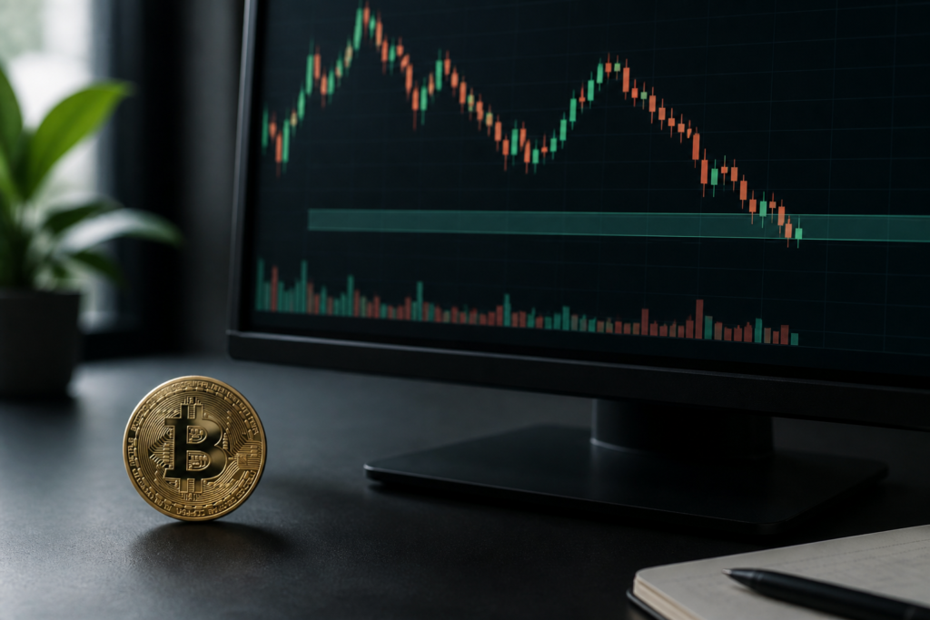 Bitcoin token beside a chart approaching a highlighted support area.