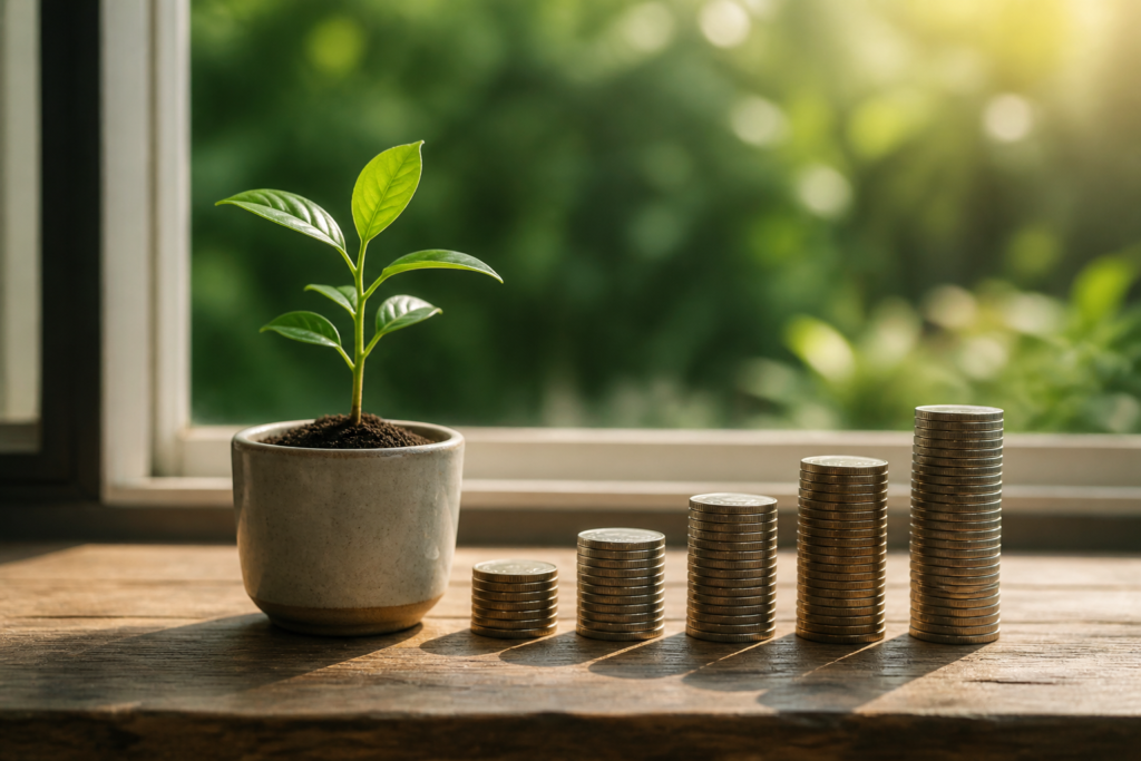 Green sapling beside progressively taller coin stacks in natural light.