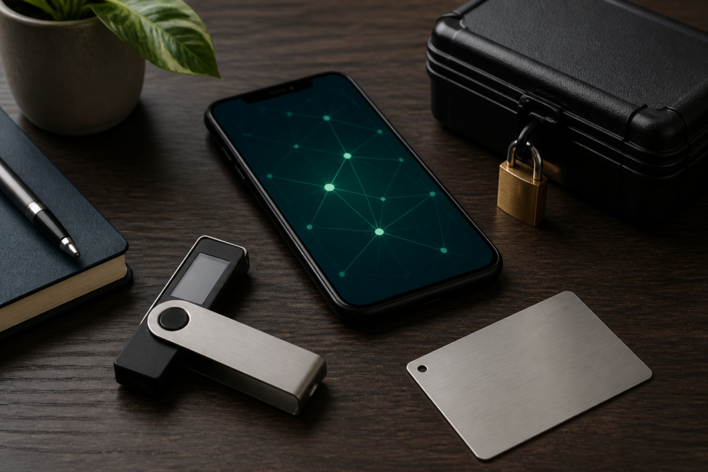 Hardware wallet and secure storage materials illustrating crypto custody.