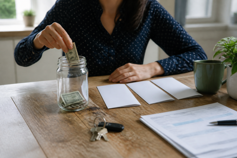 Household emergency savings arranged with keys and budgeting materials.