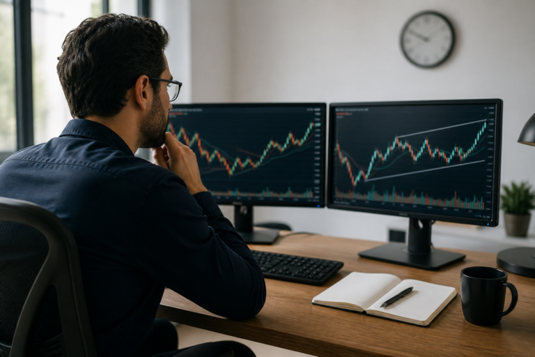 Disciplined trader reviewing intraday setups at a clean workstation.