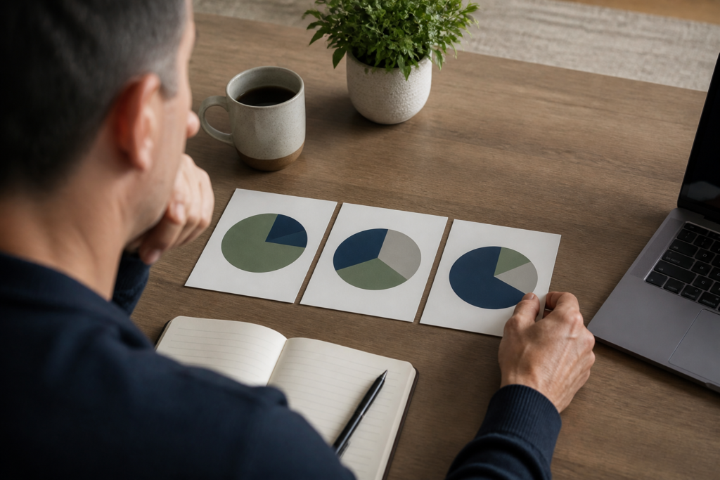 Investor considering several portfolio paths at a home desk.