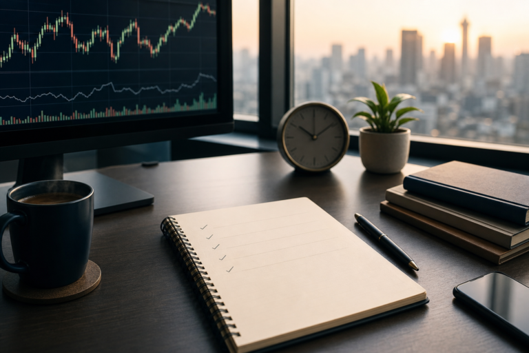 Market-open preparation desk with checklist, clock, and pre-market chart.