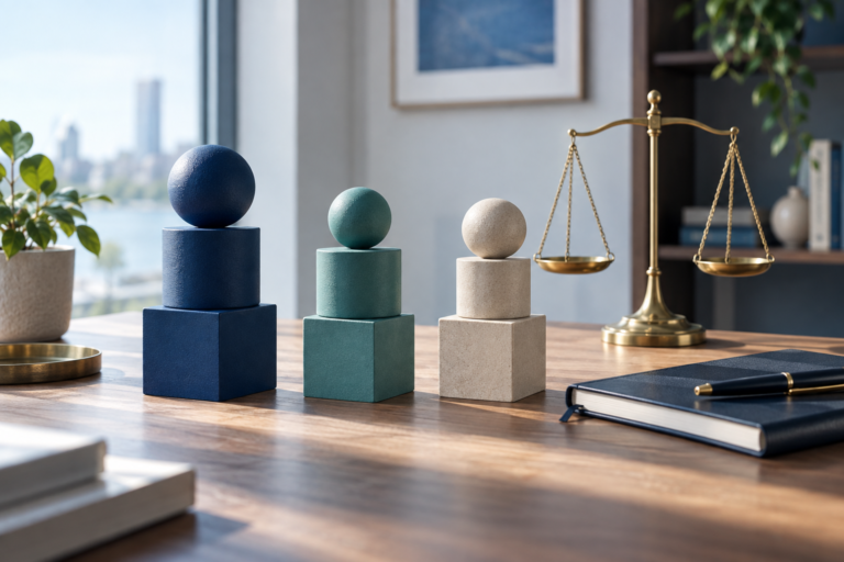 Balanced blue, teal and stone shapes beside a brass scale, illustrating portfolio rebalancing.