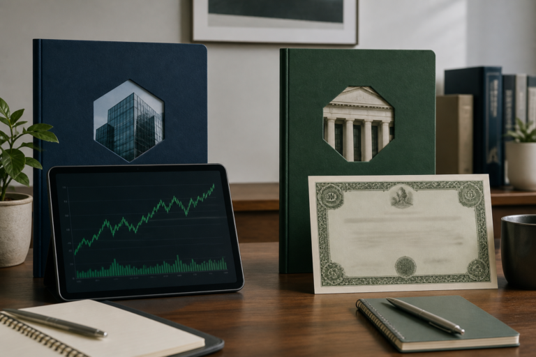 Desk materials comparing stock-market growth and bond income.