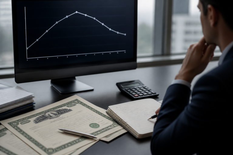 Analyst desk with a yield curve and government bond research materials.