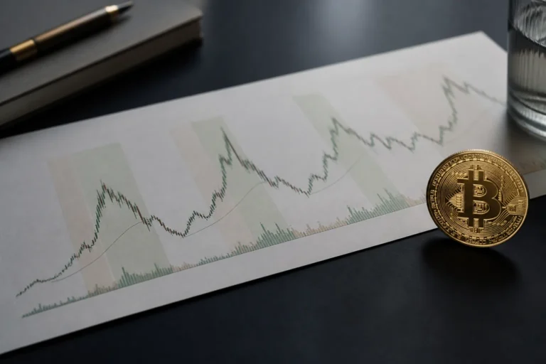 Bitcoin token beside a long chart of uneven market expansions and contractions.