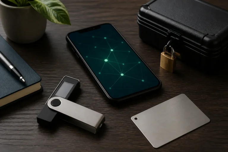 Hardware wallet and secure storage materials illustrating crypto custody.