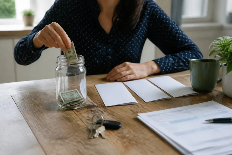 Household emergency savings arranged with keys and budgeting materials.