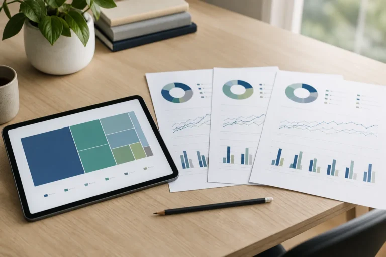 Fund fact sheets and a tablet used to compare diversified index funds.