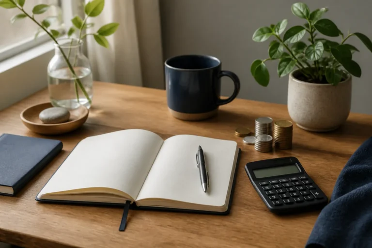 Notebook, calculator, coins, and plants on a calm home investment planning desk.