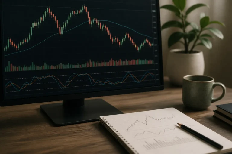 Price chart, volume, and technical indicators on an analyst monitor.